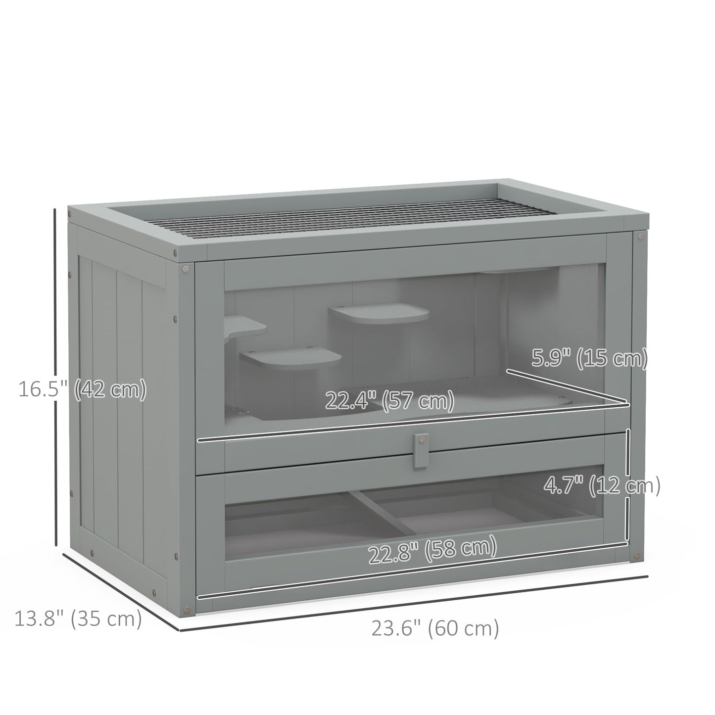 PawHut 2-Level Hamster Cage Mice and Rat House, Small Animal Habitat for Guinea Pigs, Chinchillas with Openable Top, Front Door, Shelf and Ladder, Gray