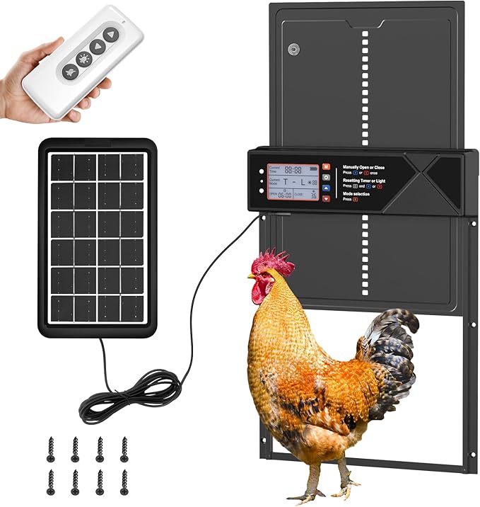 Automatic Chicken Coop Door, 4 Modes LCD Display Chicken Coop Door Solar Powered with Timer & Light Sensor, Aluminum Alloy Automatic Chicken Door with Anti-Pinch, IPX45 Waterproof