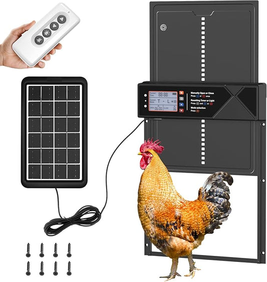 Automatic Chicken Coop Door, 4 Modes LCD Display Chicken Coop Door Solar Powered with Timer & Light Sensor, Aluminum Alloy Automatic Chicken Door with Anti-Pinch, IPX45 Waterproof