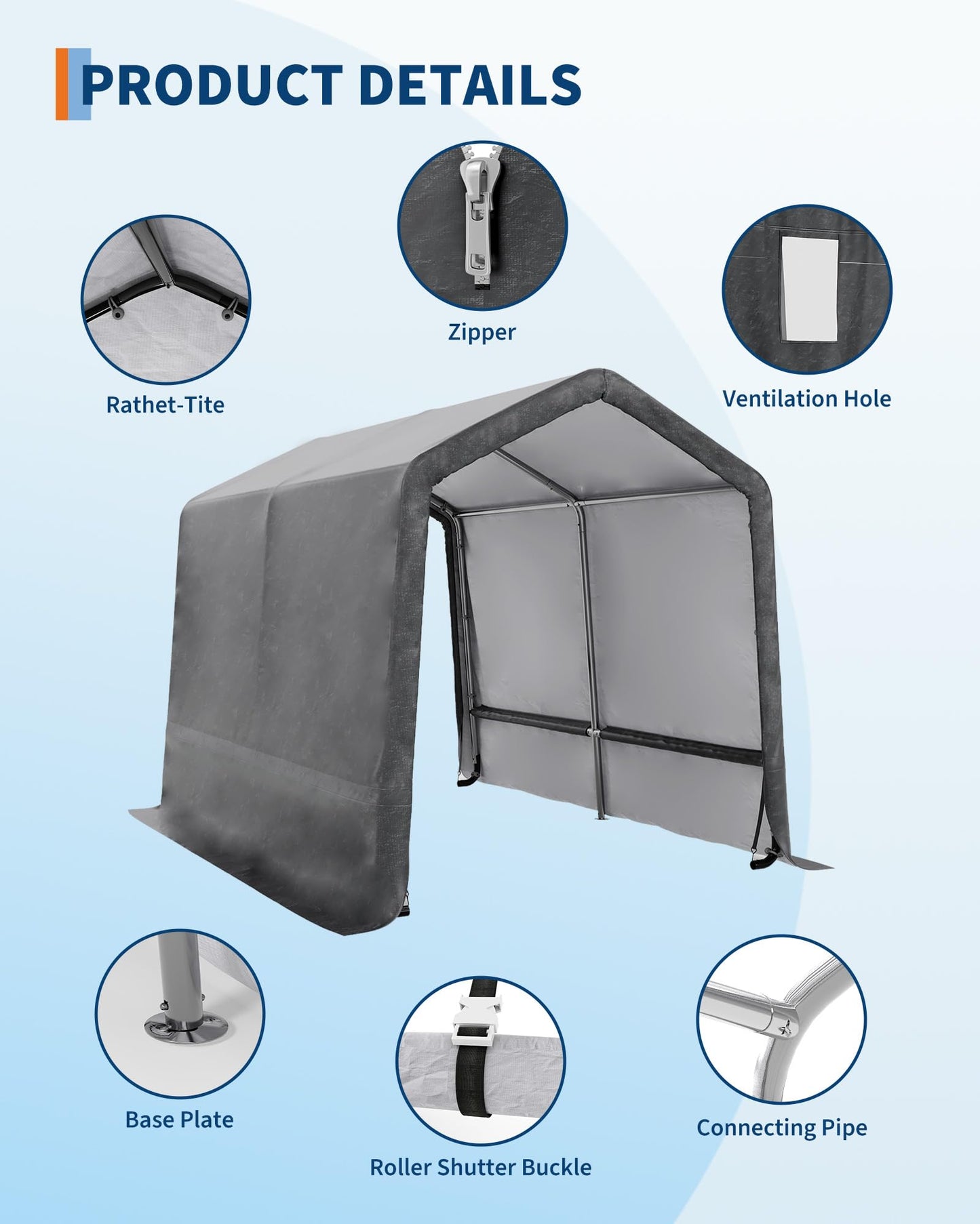 7x10FT Outdoor Portable Storage Shed with Roll-Up Door & Vent, 240G Heavy-Duty Shelter Waterproof PE Tarp, UV-Resistant Storage Sheds for Motorcycle, Firewood, Garden and Tools, Gray