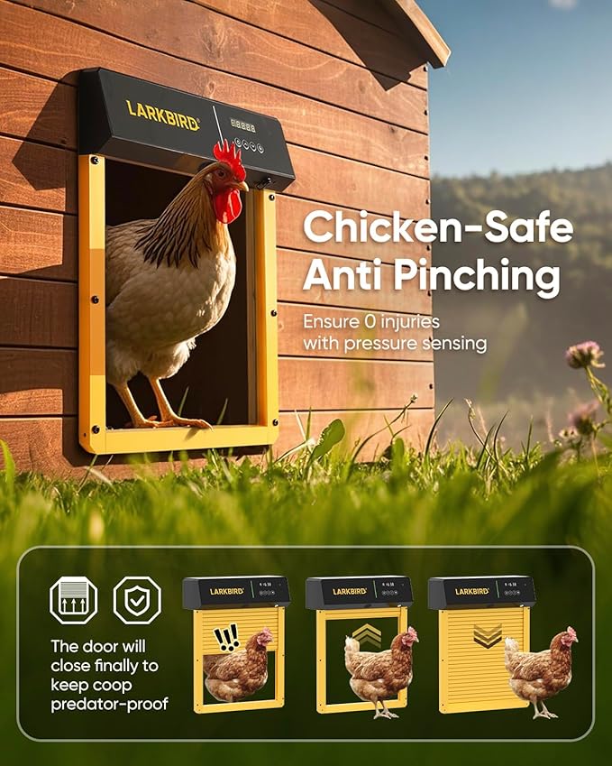LARKBIRD Automatic Chicken Coop Door with Audio Recall Function, Solar Chicken Coop Door with Timer & Light Sensor, App Control Chicken Door with Anti-Pinch System (Yellow)