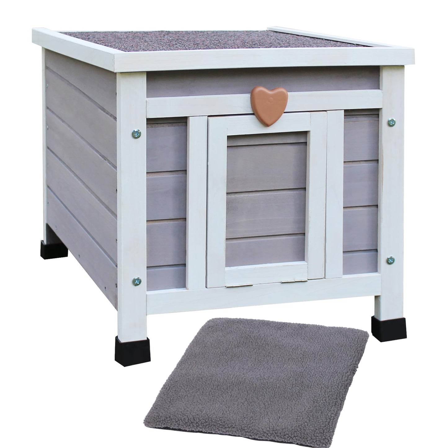 Hicaptain Feral Cat House for Outdoor, Weatherproof Cat House Outdoor, Warm Wooden Small Pet House and Habitats (Grey House + Mat)