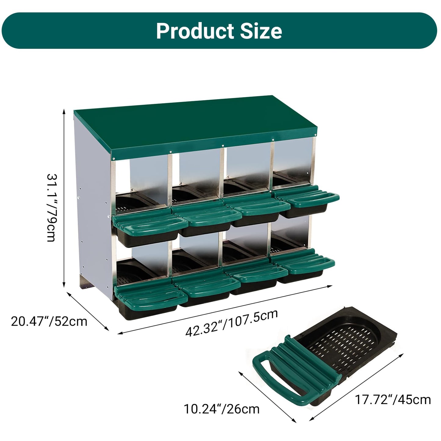 Chicken Nesting Box With 8 Compartments - Roll Away Laying Boxes for Hens, Lid Cover for Chicken Coop, Green