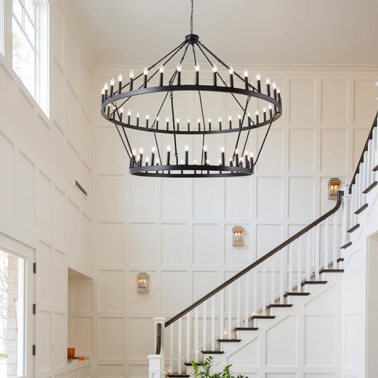VBKK Wagon Wheel Chandelier Farmhouse 2 Tier 64-Light 70-Inch, Black Industrial Chandelier Rustic Candle Pendant Light Fixture Extra Large for High Ceilings, Dining Room, Living Room, Foyer, E12