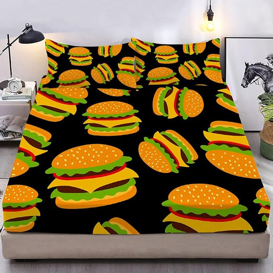 Queen Bed Sheets Set - 3 Piece 3D Cheeseburger Bedding - Brushed Microfiber - Shrinkage and Fade Resistant - Easy Care (French Fry Hamburger, Queen, Black & Yellow)