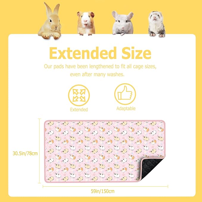 Guinea Pig Cage Liners, 59x31in 2 Pack Washable Guinea Pig Bedding, Waterproof Reusable & Anti Slip, Super Absorbent Guinea Pig Pee Pad for Small Animal, Rabbit, Bunny, Fit for C&C Cage, Pink