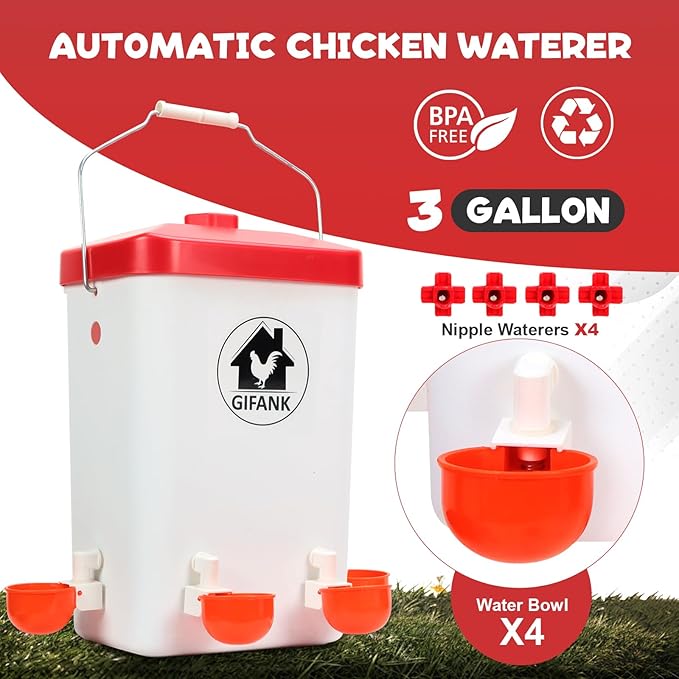 Chicken Feeder and Chicken Waterer Set Automatic Chicken Feeder Hanging Poultry Waterer 3 Gallon with Waterer Nipples and Feeding Ports,Chicken Coop Accessories