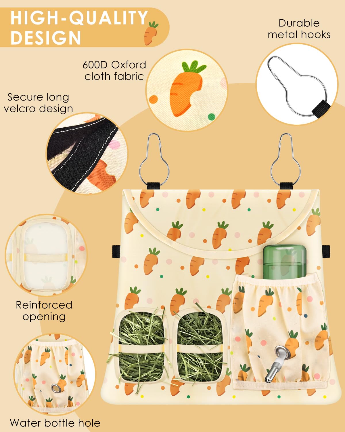 Bissap Rabbit Hay Feeder Bag, 2 Holes Hanging Hay Feeder Guinea Pig Hay Bag with Side Pocket for Rabbits Bunny Chinchillas Hamsters Rats and Other Small Pets Small Animal - Beige