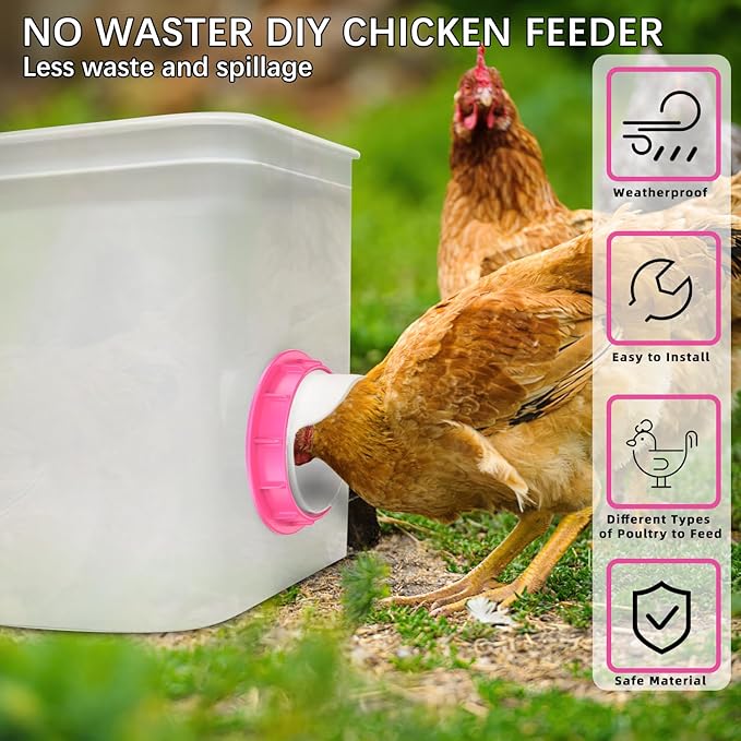 Chicken Feeders No Waste 6 Ports, 4 inch DIY Poultry Feeder with 6 Covers 1 Hole Saw, Rain Proof Automatic Gravity Chicken Feeder Kits for Buckets, Barrels, Bins, Troughs (Pink)