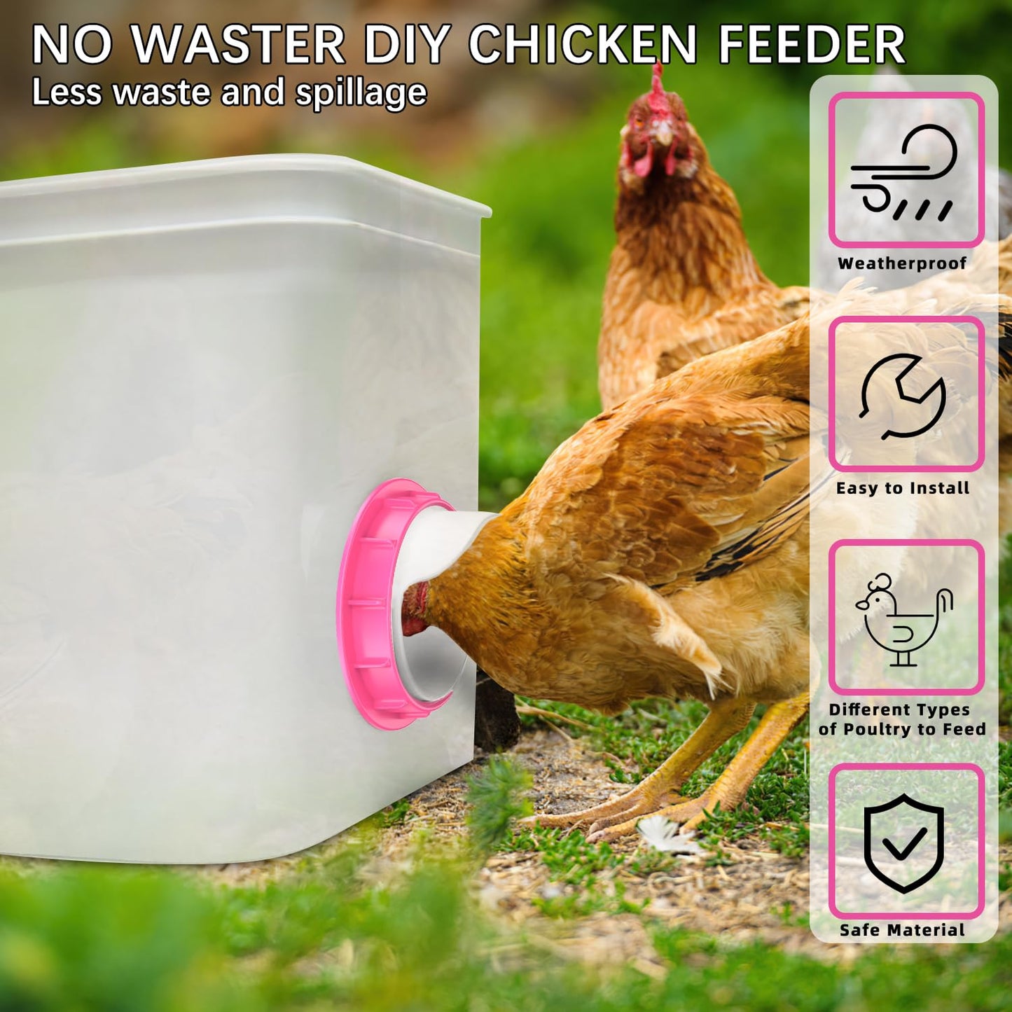 Chicken Feeders No Waste 6 Ports, 4 inch DIY Poultry Feeder with 6 Covers 1 Hole Saw, Rain Proof Automatic Gravity Chicken Feeder Kits for Buckets, Barrels, Bins, Troughs (Pink)