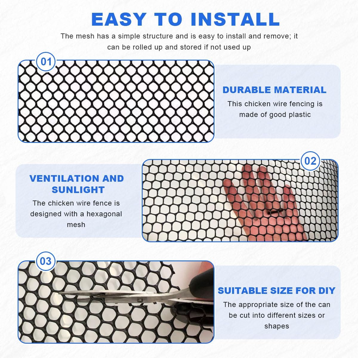 Black Plastic Mesh Fence Roll with Zip Ties – Pet & Garden Barrier for Dogs, Rabbits & Poultry • Balcony & Snake Protection,Easy Install (15.7INx16.4FT)