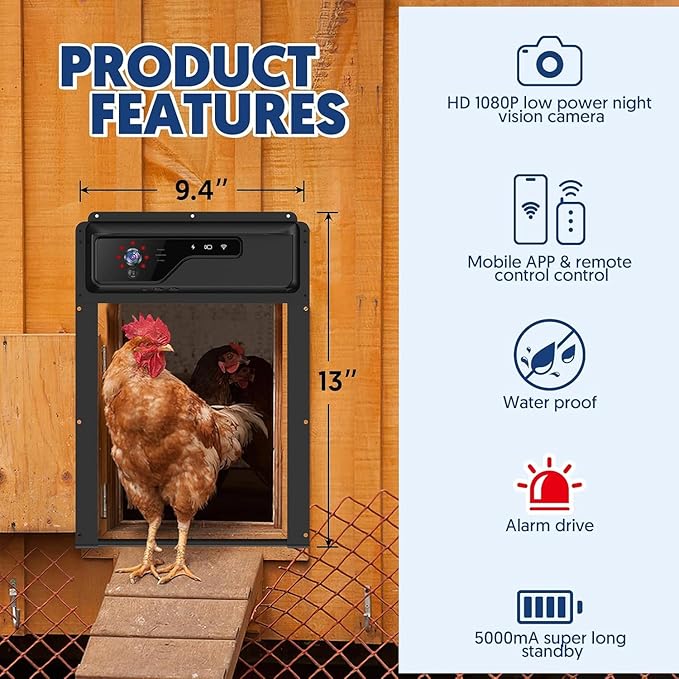 Automatic Chicken Coop Door with HD1080P Camera，Electric Auto WiFi Solar Chicken Coop Door Opener with Timer,Remote Control, APP Control, 5000mA Battery, Night Vision, Alarm Drive,Roll-up Gate