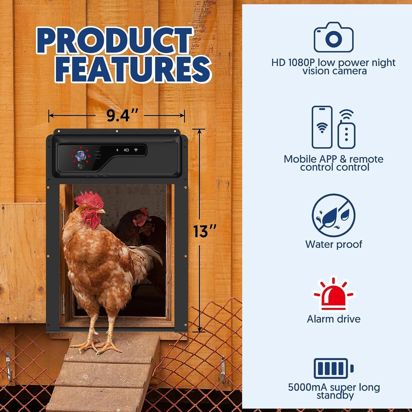 Automatic Chicken Coop Door with HD1080P Camera，Electric Auto WiFi Solar Chicken Coop Door Opener with Timer,Remote Control, APP Control, 5000mA Battery, Night Vision, Alarm Drive,Roll-up Gate