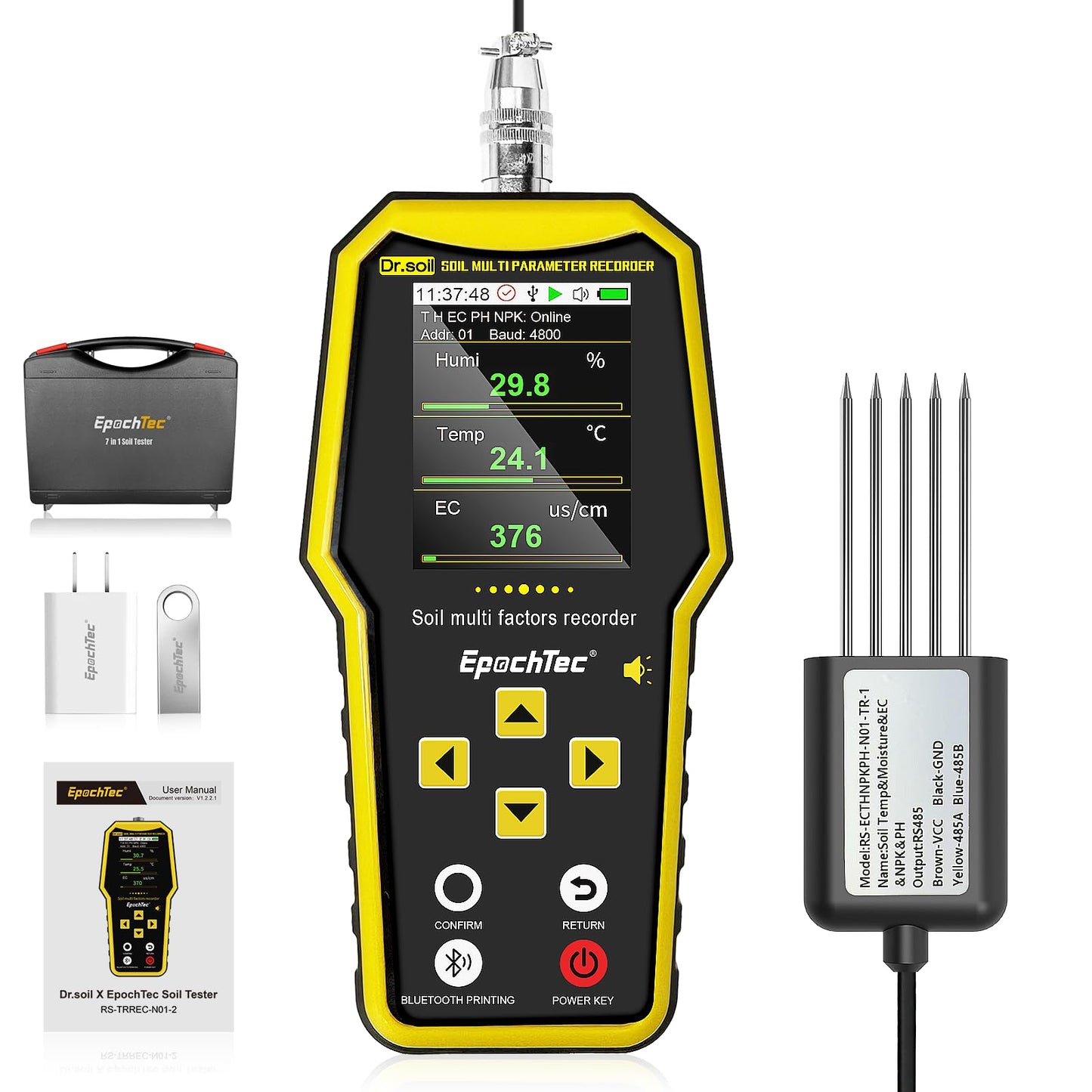 EpochTec 7 in 1 Soil Tester, ±1% High Precision Digital NPK Tester/Soil Moisture Meter/PH Tester/Temperature/EC Monitor for Agriculture, Plant Cultivation, Geological Survey with Data Storage & Export
