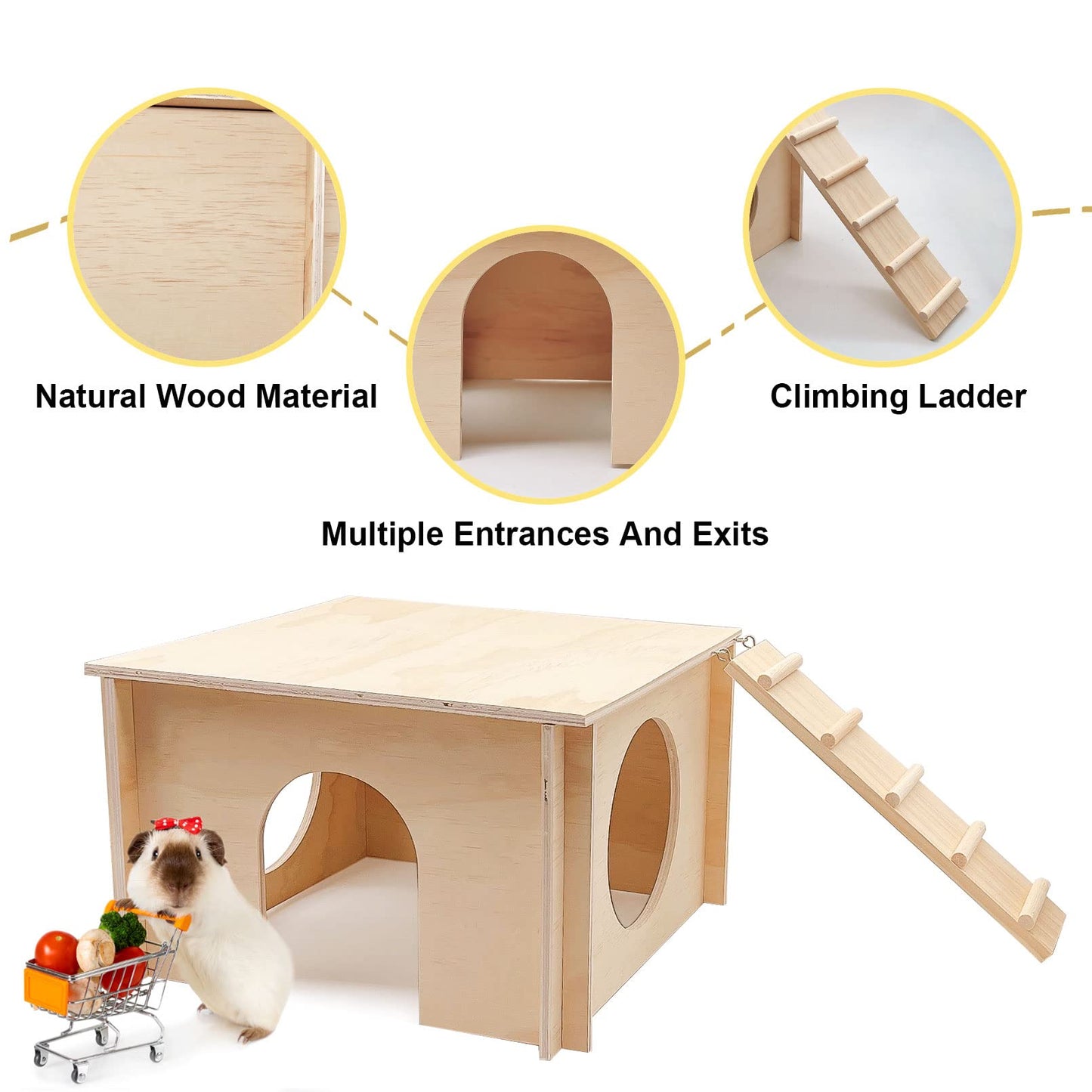 kathson Guinea Pig Hideout House,Wooden Chinchilla Hide Hut with Climbing Ladder and Windows, Hamster House for Mouse Hedgehog Squirrel Mice Gerbils Hiding Sleeping and Playing