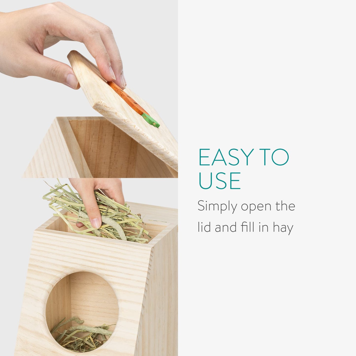 Navaris Hay Feeder for Rabbit - Wood Hay Holder for Small or Medium Rabbits, Bunny, Guinea Pig - Wooden Animal Feed Food Box with Cute Carrot Design