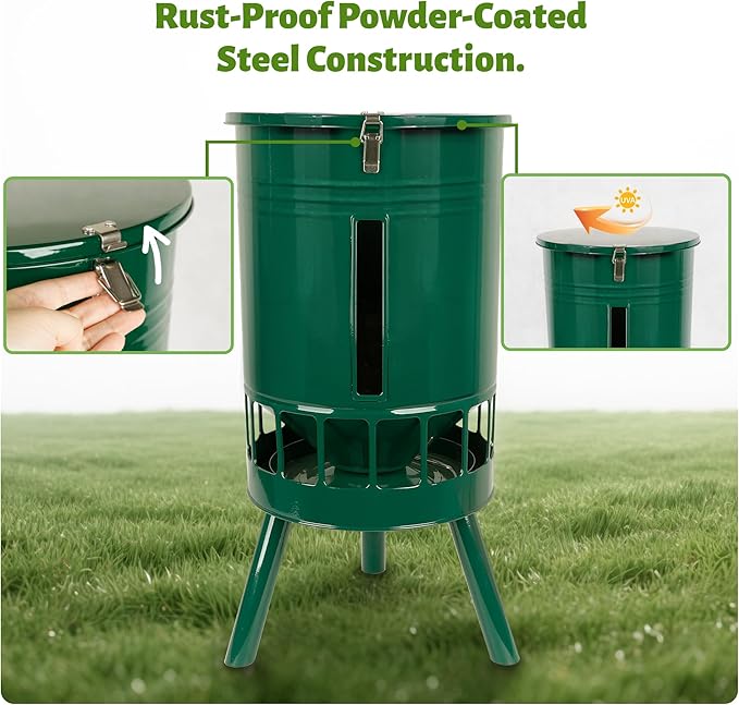 KOL Metal Chicken Feeder No Waste - 50lbs Poultry Feeder with 16 Ports, Powder Coated Rust-Proof Design & Smooth Edges for Safe Feeding (Green)