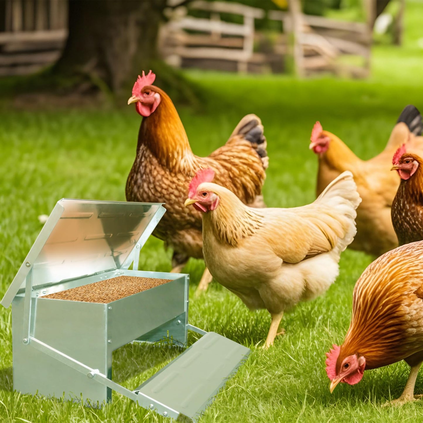 Hooomyai Economical and Practical Automatic Chicken Feeder,Aluminum Alloy Material, 8 lbs Capacity, On-Demand Feeding for 10 Chickens, Anti-Flick Grill