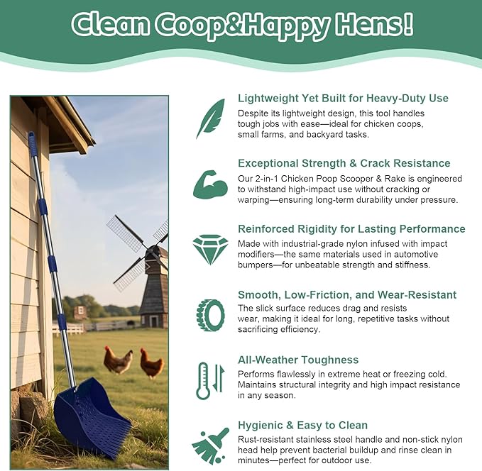 US Patent Pending 12-Inch 2-in-1 Chicken Poop Scooper & Rake,3-Shape Sifting Holes Chicken Coop Rake，Stainless Steel Handle （20–61"）– Litter Scooper & Sand Sifting Shovel for Chicken Coops（Blue）