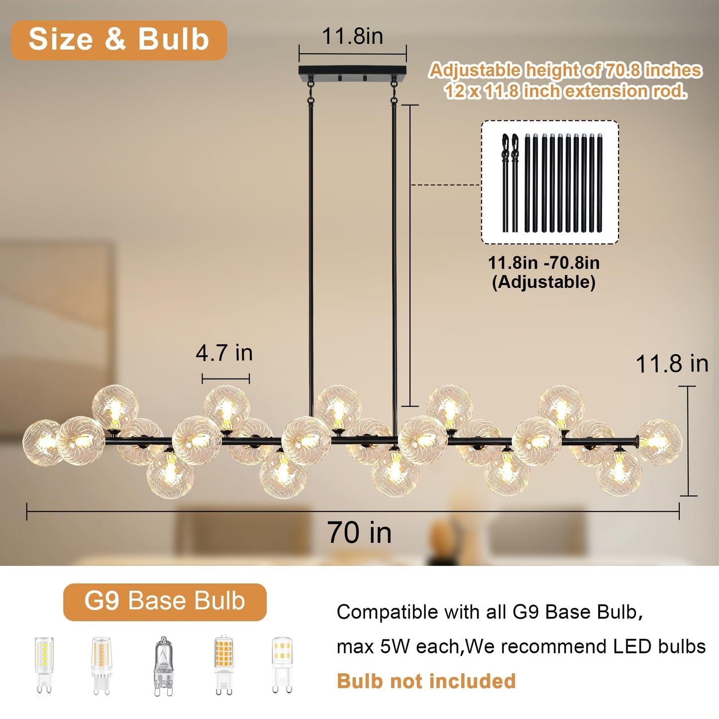 Lzawvm Modern Linear Chandeliers for Dining Room 70 Inhch Sputnik Linear Chandelier Clear Striped Glass Globe Pendant Light for Kitchen Island, Farmhouse, Living Room, Dia 70 Inch