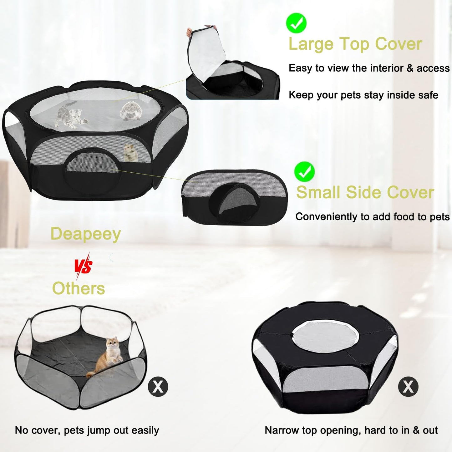 Deapeey Small Animal Playpen, Portable Kitten Playpen with Double Covers, Pop Up Guinea Pig Playpen Indoor Outdoor Bunny Playpen for Rabbit, Hamster, Hedgehogs, Chinchillas, Ferret, Bearded Dragon