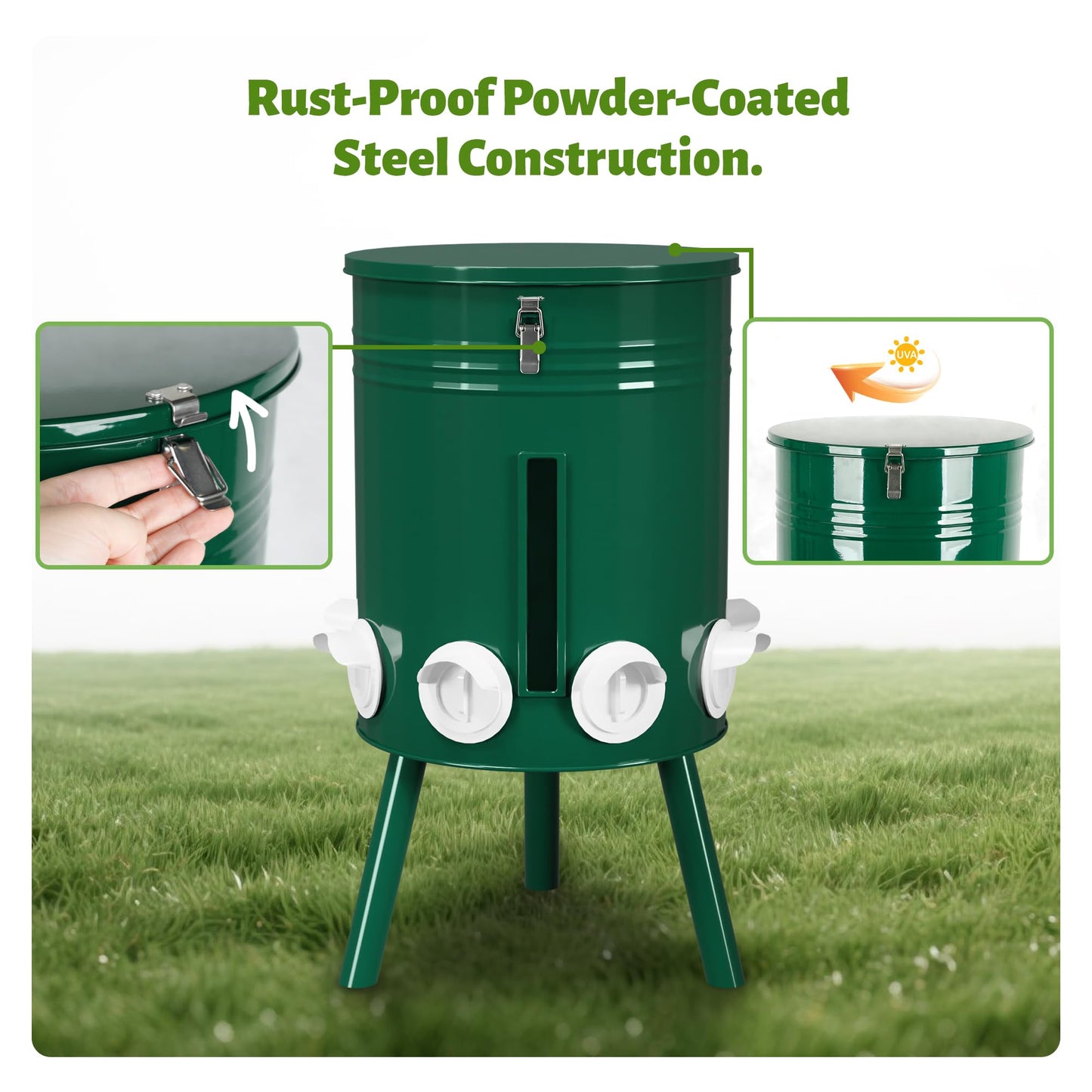 KOL 50 LB Large Free Standing Chicken Feeder, Portable Gravity Chicken Feeder Automatic, Dispenser, 8 Feeding Ports Poultry Feeder for Chicken Rooster & Hen (Green)