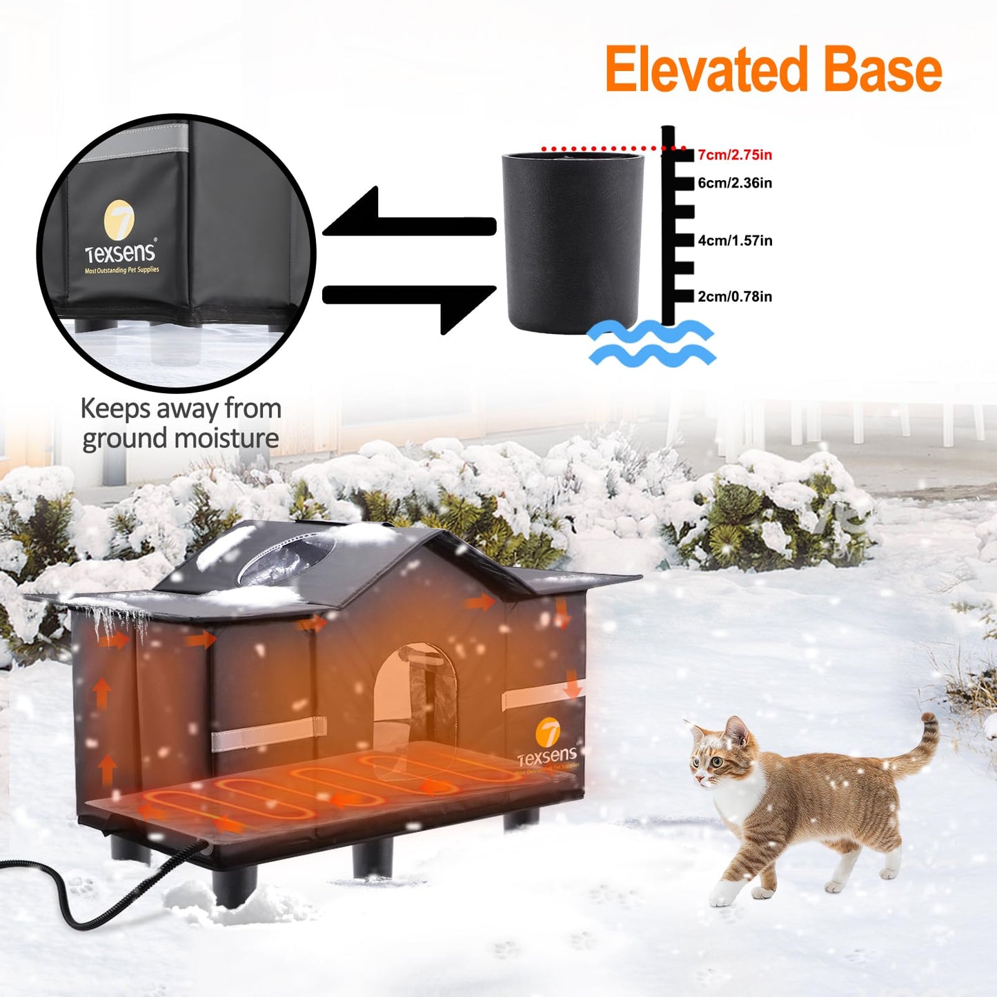 Texsens Heated Cat Shelter for Outside - Weatherproof Large Outdoor Cat House with Roof Window & Cozy Cushion - Ideal for Stray/Feral Cats