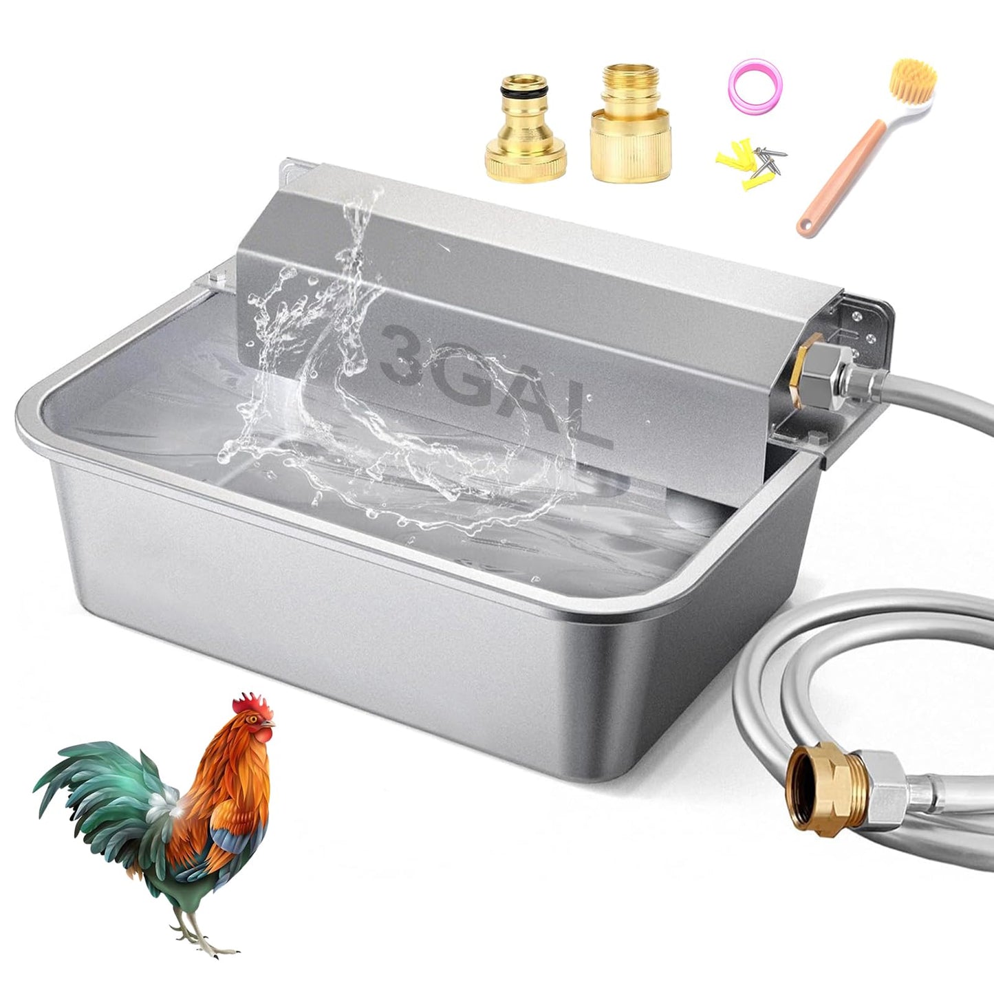 SUPERPAWS Automatic Chicken Water Dispenser Large 304 Stainless Steel Duck Waterer Outdoor Heavy-Duty Self Refilling Watering System with Installation Accessories Cleaning Brush