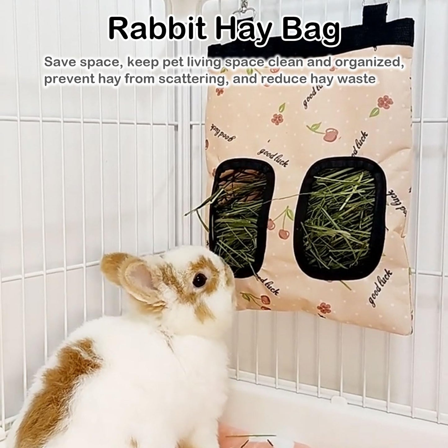 Rabbit Hay Feeder Bag, Large Capacity Rabbit Hay Bag Small Animal Hanging Hay Bag 600D Oxford Cloth Bunny Hay Feeder Bag for Rabbits Guinea Pigs Chinchillas (Pink-2 Holes-2Pcs)