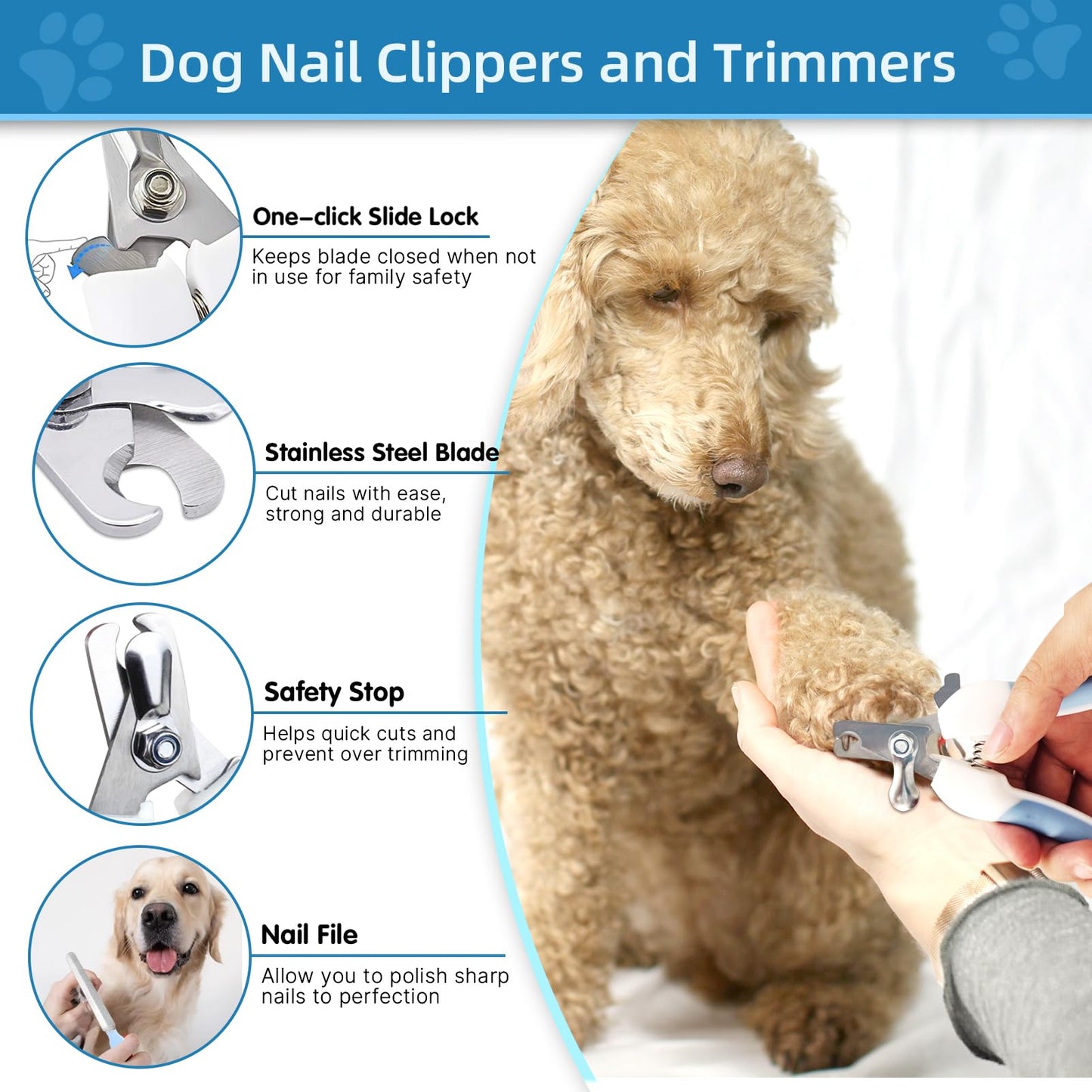 Lanswood Dog Brush Dog Grooming Kit 6PCS Dog Brush for Shedding-Dog Brushes for Grooming, Dematting Comb for Dogs, Cat Nail Clipper with Nail File, Flea Comb, Bath Brush-Blue