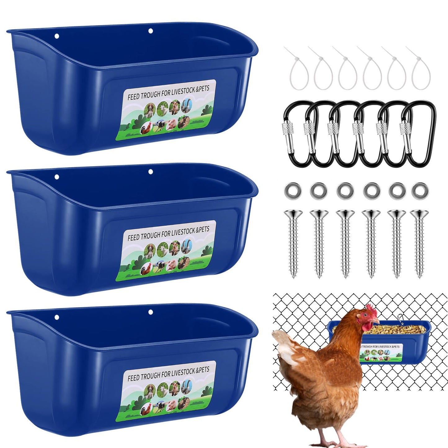 JNYLYFC Chicken Feeder Waterer, 3 Pack Duck Feeder Supplies, Hanging Fence Feed Trough with Clips for Goat, Sheeple, Piglet, Gooses, Turkeys, Dog Livestock Poultry, Blue