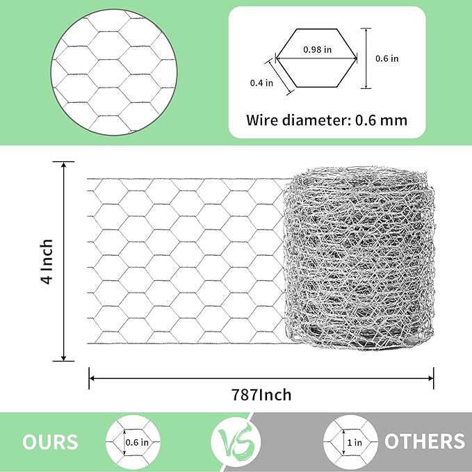 Chicken Wire 4 in x 787 in Poultry Wire Netting Hexagonal Galvanized Mesh Garden Fence Barrier for Pet Rabbit Chicken Fencing with 100 Pcs Cable Zip Ties