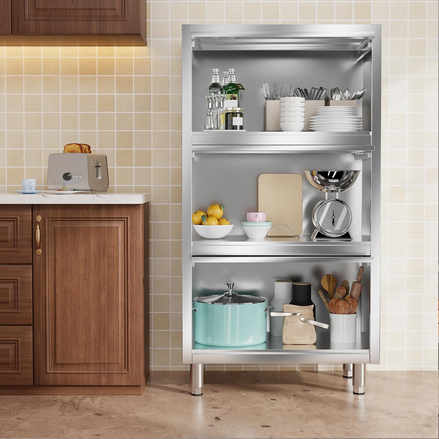 EHONXI 3-Tier Stainless Steel Storage Cabinet, Freestanding Commercial Kitchen Cabinet with Flip-up Doors, Heavy Duty Garage Storage Rack for Warehouse Shop, 19.69" D x 31.5" W x 59.06" H