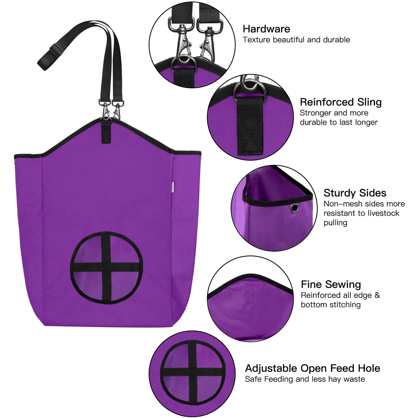 MIYABALA 3 Packs Goat Hay Feeder,Hay Bags for Goats,Horses,Sheep,Premium 600D Oxford Cloth,with Metal Fastener and Adjustable Open Feed Hole for Slow Feeding. (2Purple + 1Black)