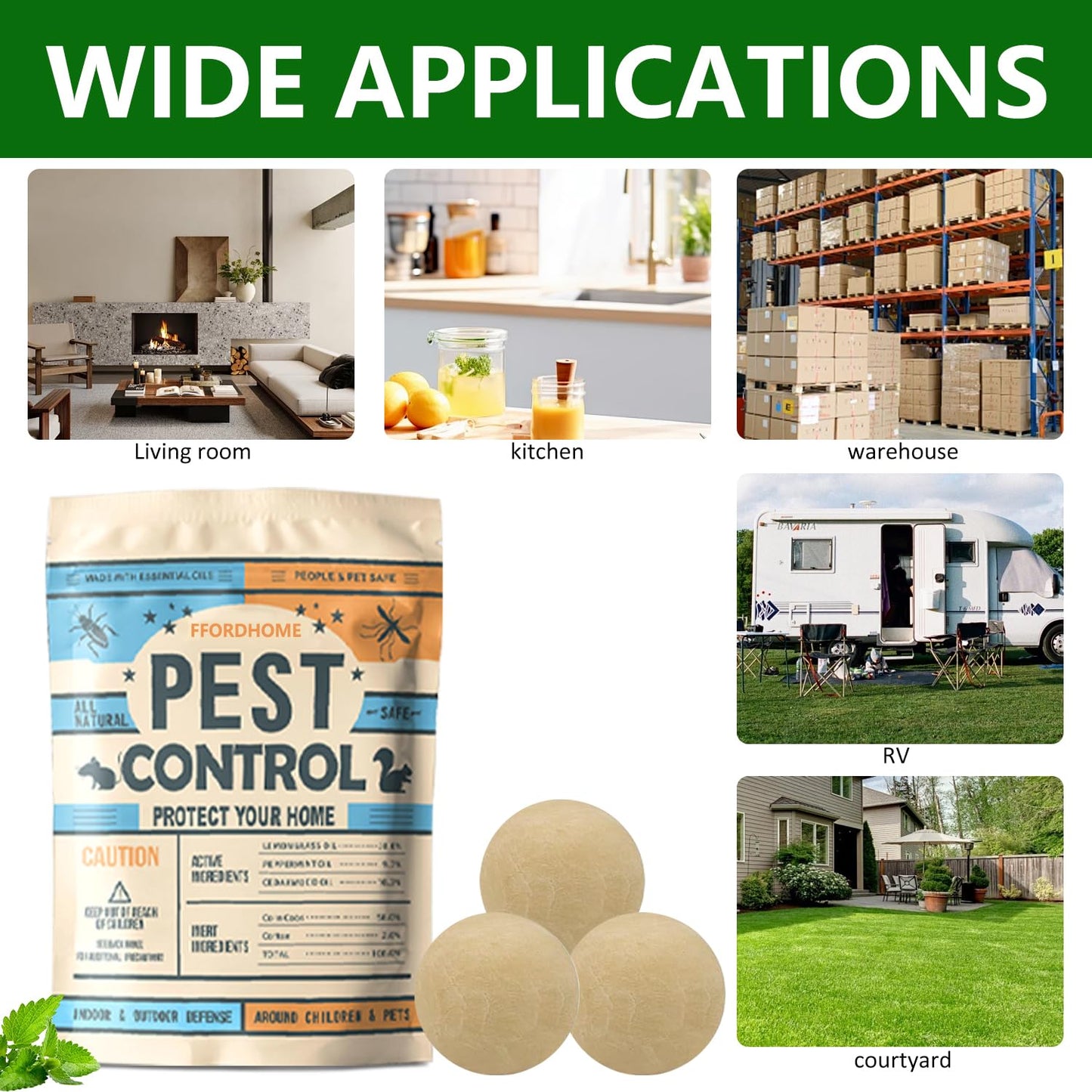 FfordHome Pest Repellent ， Moth Balls for Outdoor use， Keep Pest Away Repel Mice and Rats, Roach, Ant, Spider, Mosquito & Moth（8BALLS）