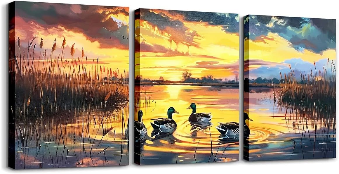 Wild Duck Canvas Wall Art for Living Room Bedroom,Hunt Wild Animals Wall Painting Teens Girls Boys Lake House Sunset Scenery Picture Wall Decor Rustic Farmhouse Wall Art for Home Decor 12"x16"x 3Pcs