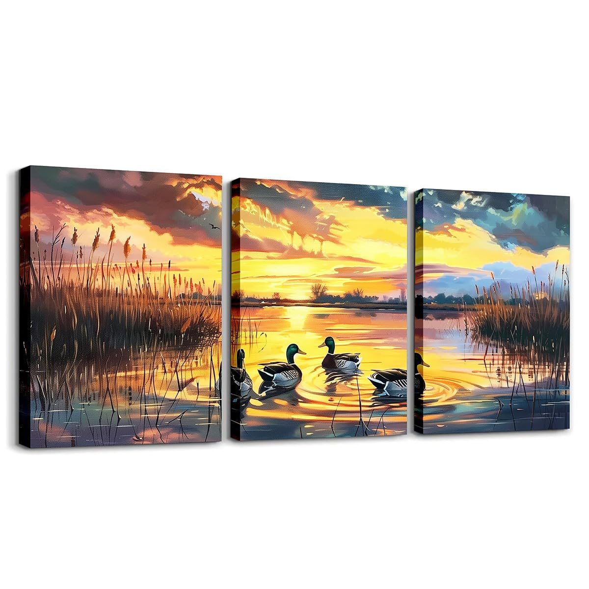 Wild Duck Canvas Wall Art for Living Room Bedroom,Hunt Wild Animals Wall Painting Teens Girls Boys Lake House Sunset Scenery Picture Wall Decor Rustic Farmhouse Wall Art for Home Decor 12"x16"x 3Pcs
