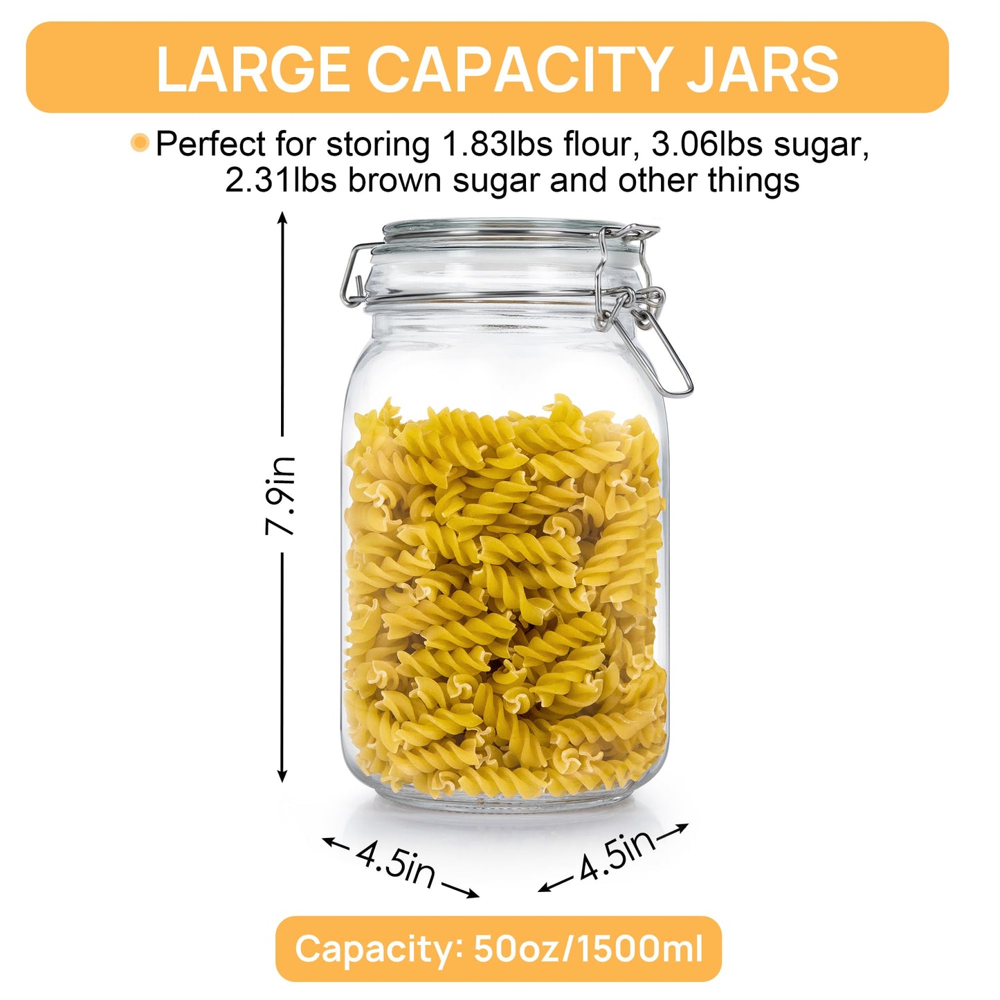 CHEFSTORY 50oz Airtight Glass Jars with Lids, 3 PCS Food Storage Canister for Kitchen & Pantry Organization, Square Mason Jar Containers for Storing Sugar, Flour, Cereal,Coffee,Cookies