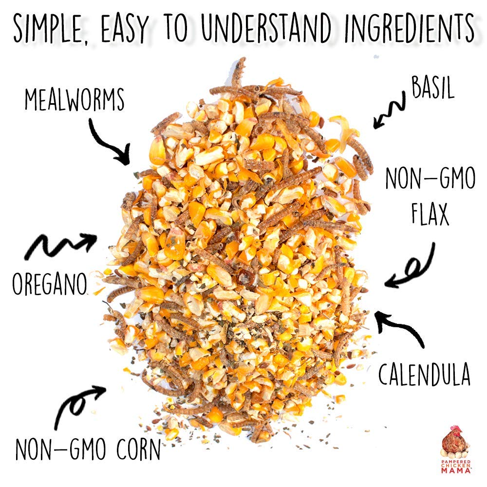Pampered Chicken Mama Non-GMO Mealworm, Corn, Flax, & Herb Treat for Backyard Chickens, Healthy Layer Feed & Supplies for Pet Chickens Poultry Queen Treat for Hens (3 pounds)