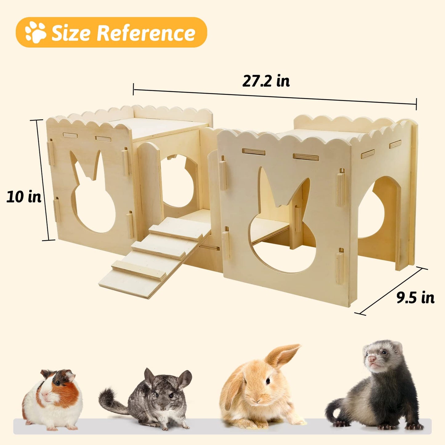 Fhiny Wooden Rabbit Castle, Small Animals Large Tunnel with Bridge Detachable Bunny Fort Hideout Rest and Playhouse with Windows for Rabbits Guinea Pigs Chinchilas Kittens