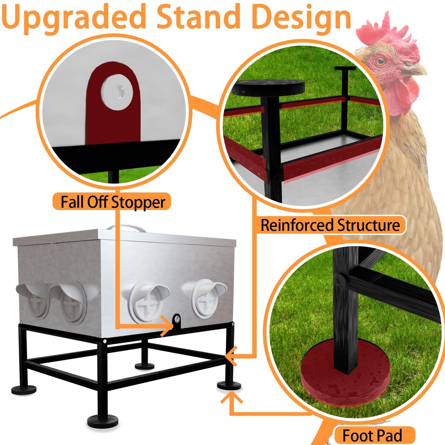 uhearem Automatic Chicken Feeder No Waste, 35lb 8 Ports Large Galvanized Metal Chicken Feeders Rodent Proof with Locking Lid and Upgraded Stands for Hen Coop