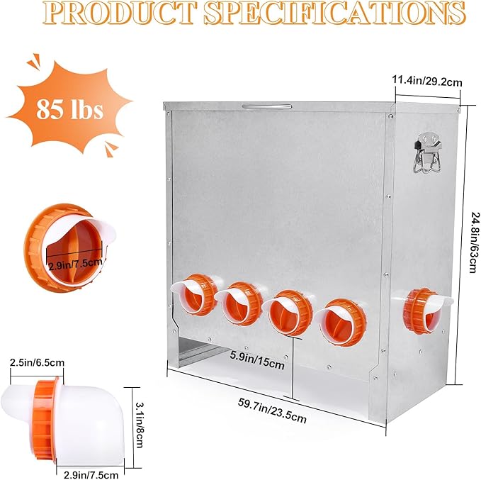 Automatic Chicken Feeder No Waste Large Capacity 85lbs 6-Ports Metal Poultry Feeder with Pull Handle for Chickens Geese Ducks Poultry Coop Weatherproof Design