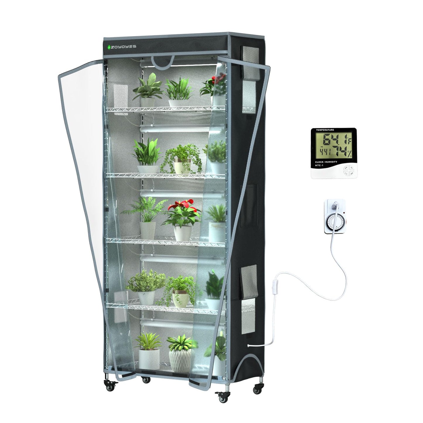 ZOYOYES Plant Greenhouse 6-Tiered Heavy Duty Metal Growth Shelf with 5 Sets T8 Grow Light Rack Cover Thermometer Timer for Seedling Cultivation Reproduction Flowering,30" LX14 WX72 H