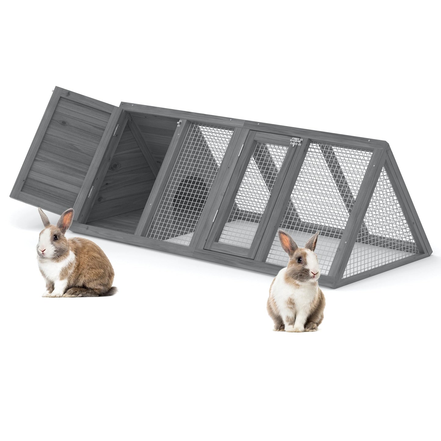 Rabbit Hutch, Small Chicken Coop Outdoor A-Frame Quail Cage with 2 Door & Run Cage Wooden Triangle Quail Hutch with Ventilating Wire Poultry Hutch for Small Animal (Gray)