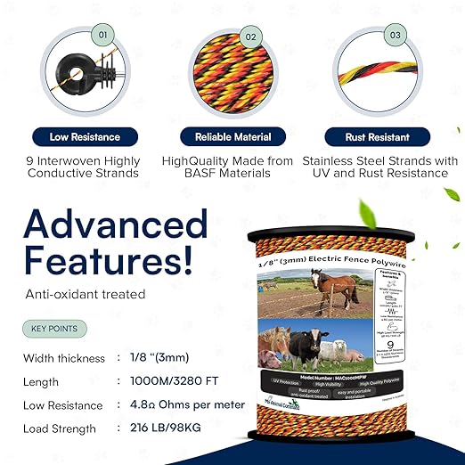 1/8 Inch Thick Polywire Electric Fence 3280 Feet/1000m Length for Containment of Livestock, Horses Deers, Bears, Farm Animals, Gardens, Pets, Hot Wire Portable Fence High Visibility