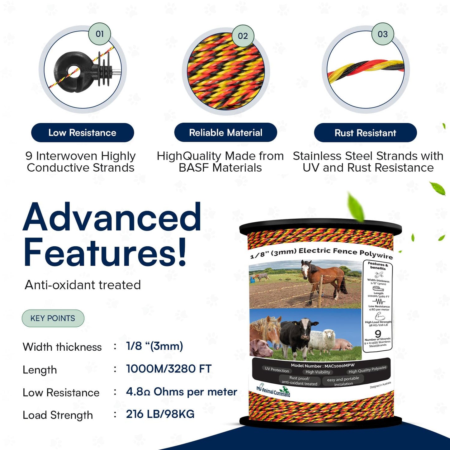 My Animal Command 1/8 Inch Thick Polywire Electric Fence 3280 Feet/1000m Length for Containment of Livestock, Horses Deers, Bears, Farm Animals, Gardens, Pets, Hot Wire Portable Fence High Visibility