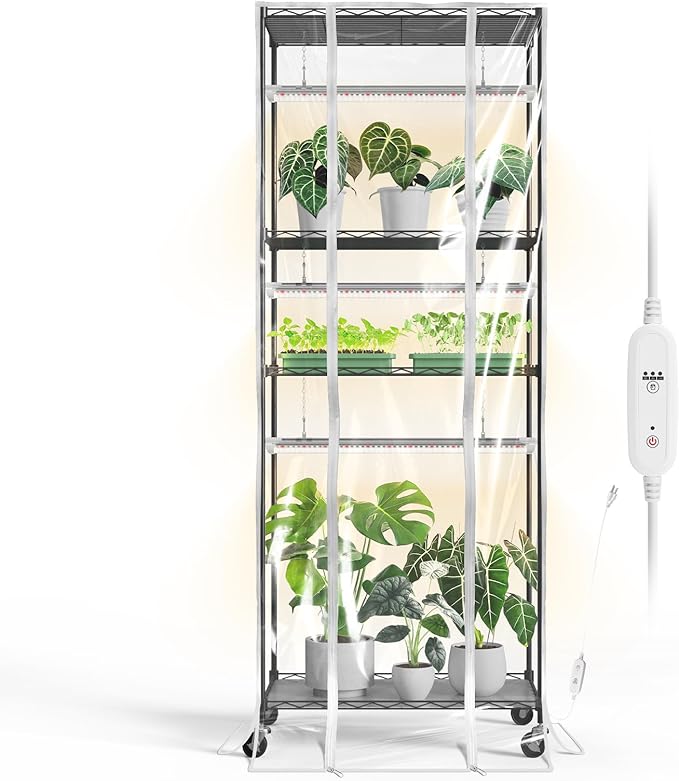 Bstrip Indoor Greenhouse with Grow Light, Metal Plant Stand, 3 Pack T8 2FT Full Spectrum Plant Lights, Timer, Black, 23.5"x13.8"x59"