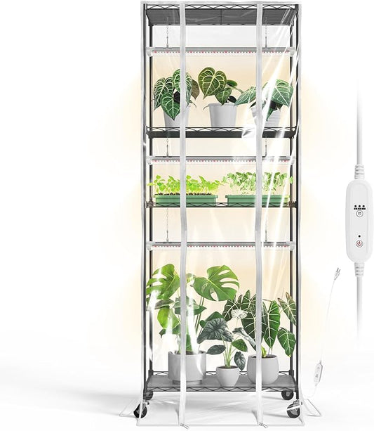 Bstrip Indoor Greenhouse with Grow Light, Metal Plant Stand, 3 Pack T8 2FT Full Spectrum Plant Lights, Timer, Black, 23.5"x13.8"x59"