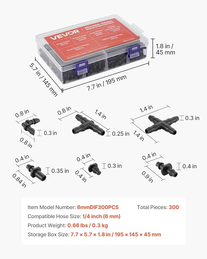VEVOR Drip Irrigation Fittings Kit for 1/4" Tubing, 300 Pcs Drip Irrigation System Parts, Tees, Straight Barb, 4 Way Coupling, Elbows, End Plug, Single Barbs, Barbed Connectors for Yard Garden Lawn
