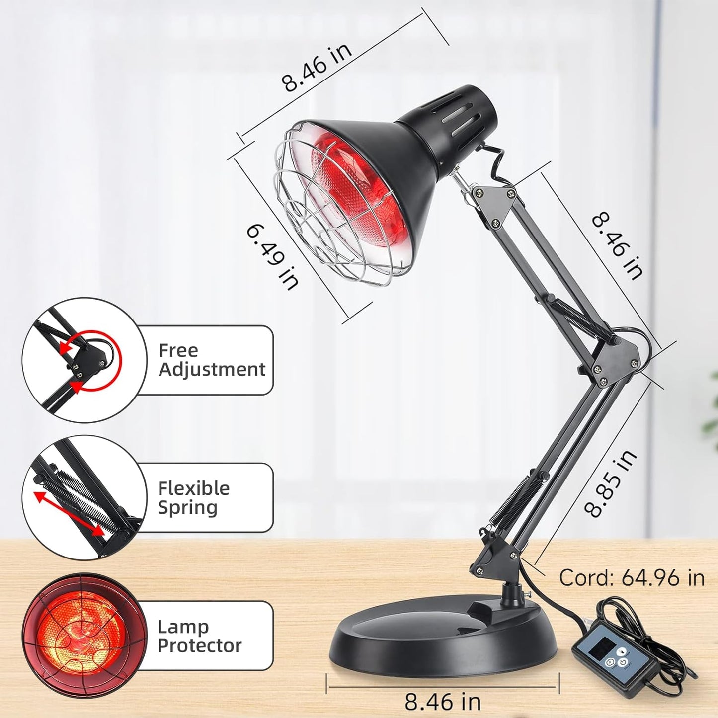 Infrared Heat Lamp with Timer, Red Light Therapy for Body Muscle Joint Pain Relief, 150W Near Infrared Bulb with Sturdy Adjustable Base